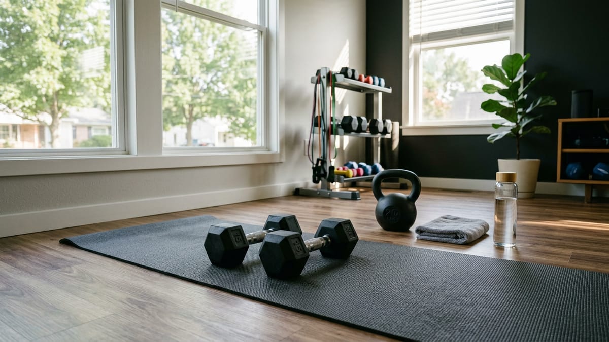 Dumbbells and a kettlebell on a yoga mat in a home gym setting ready for a circuit workout.