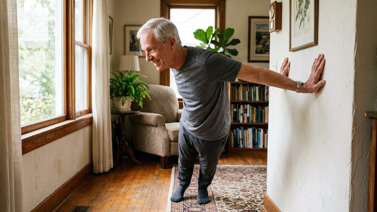 An active senior man with a smile, wearing athletic clothes, performs a wall push-up in a brightly lit room as part of his fitness routine.