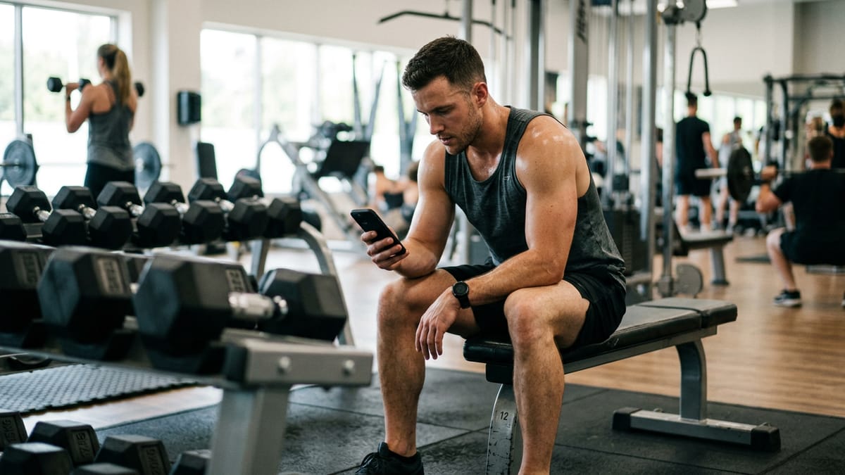 Man resting on a gym bench, looking at his smartphone timer next to a rack of dumbbells.