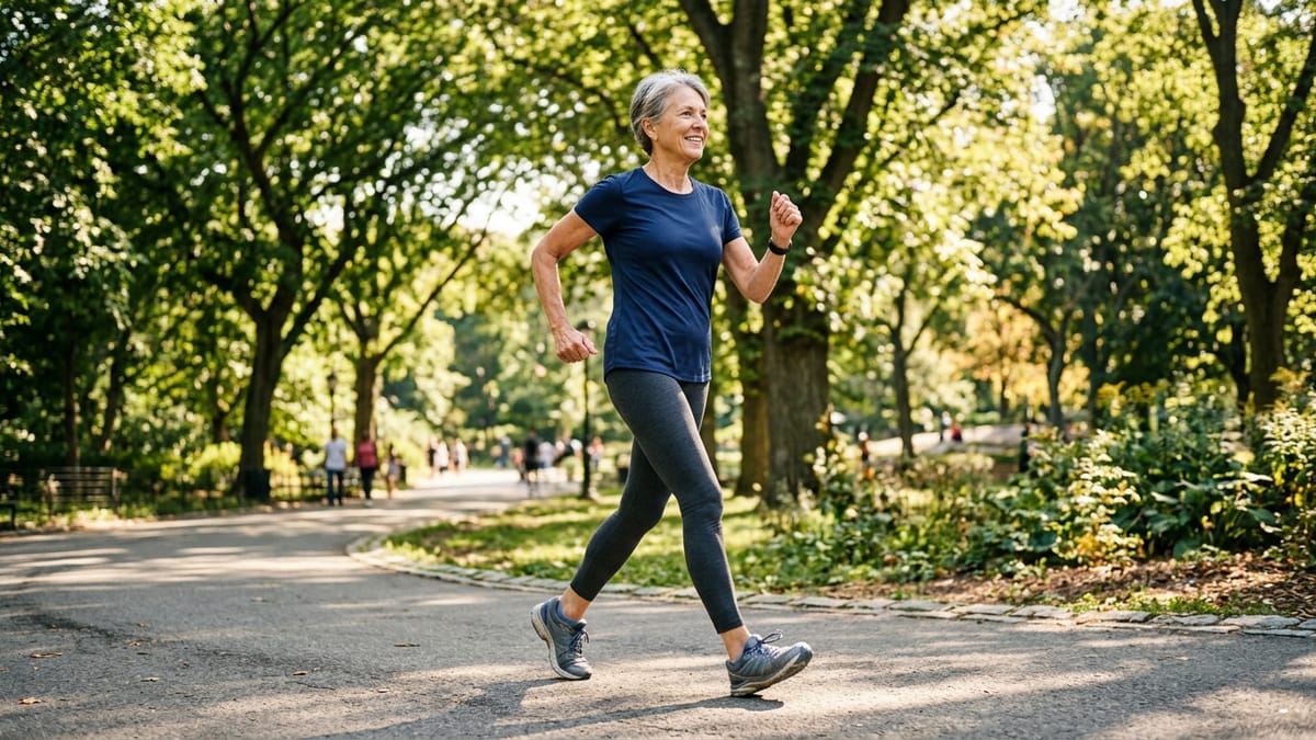 An active person briskly walking through a sunny park during an interval training workout.