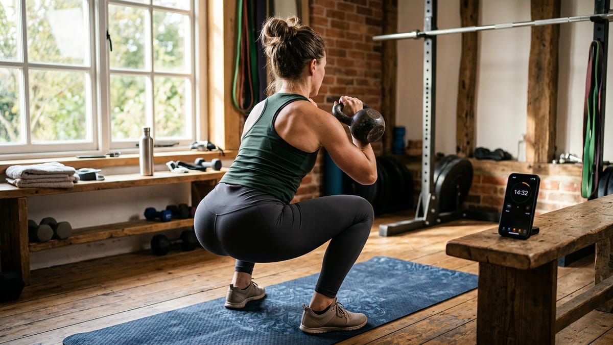 A person performing a kettlebell goblet squat in a brightly lit home gym next to a digital workout timer.
