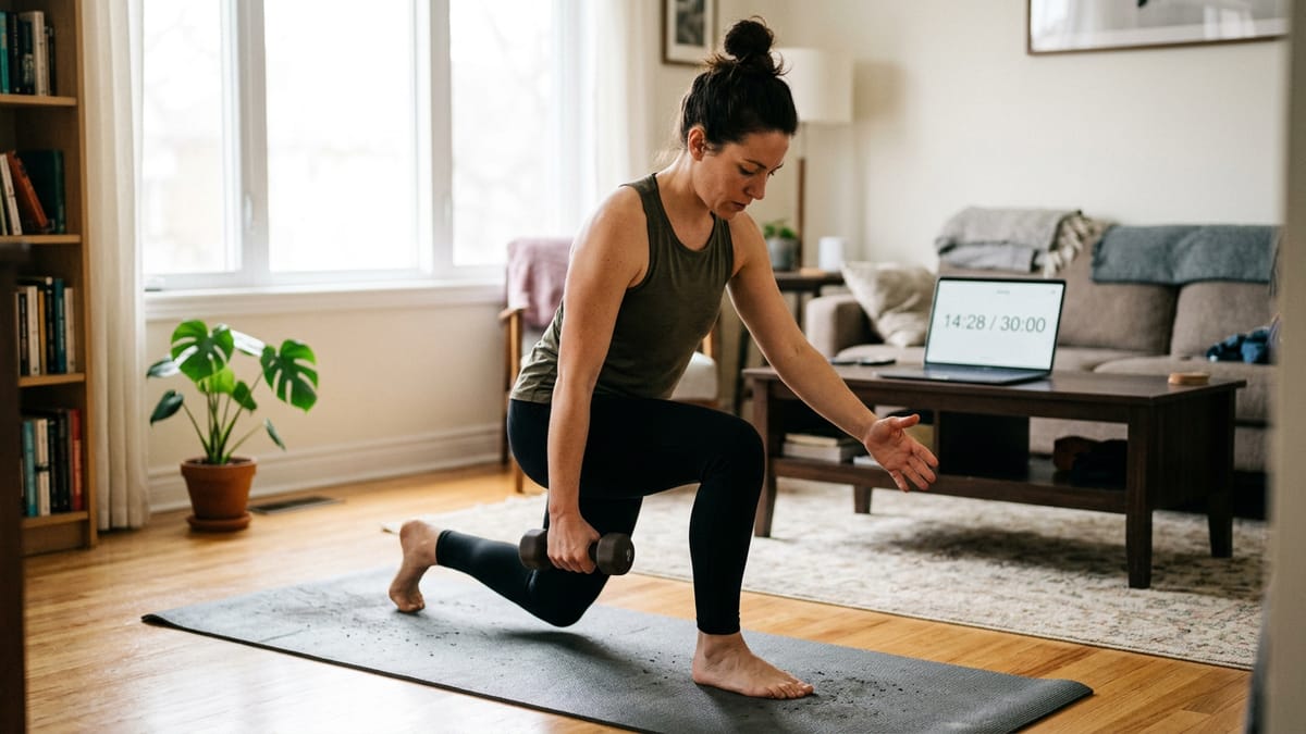 A person performing a low-impact reverse lunge on a yoga mat in a bright living room.