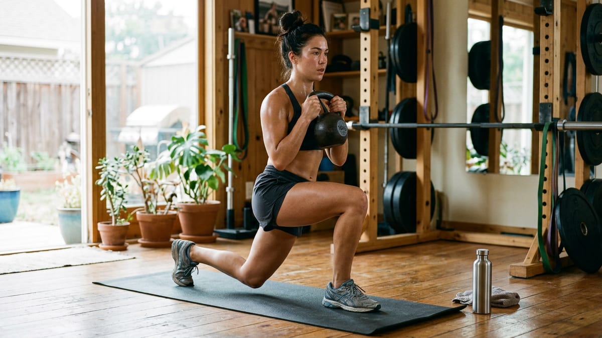 Athletic person performing a reverse lunge with a kettlebell in a home gym.