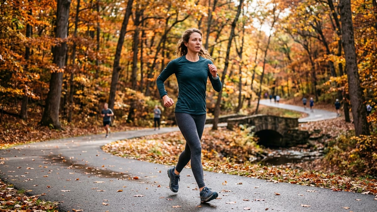 A person power walking on an outdoor park trail during autumn