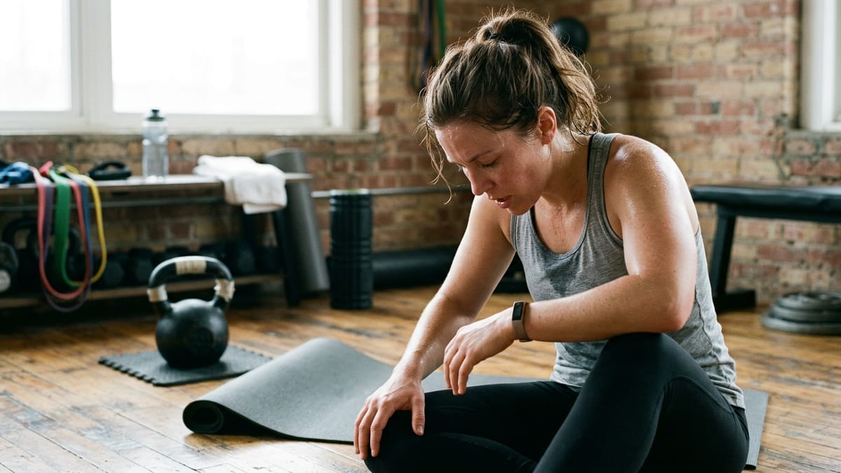 A person catching their breath after completing a challenging home workout.