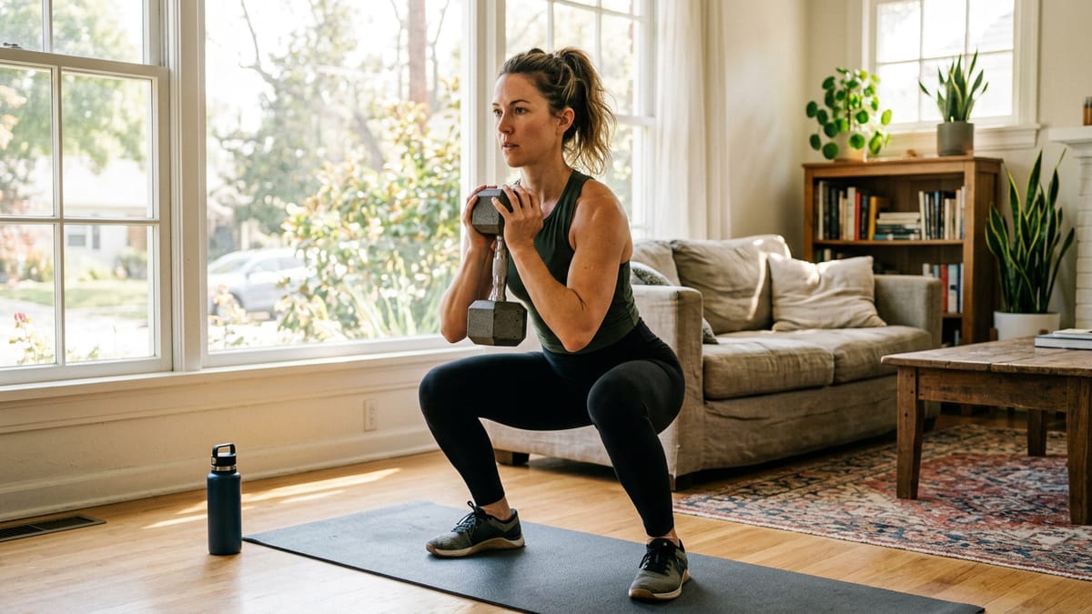 A woman performing a dumbbell goblet squat on a yoga mat in her living room.