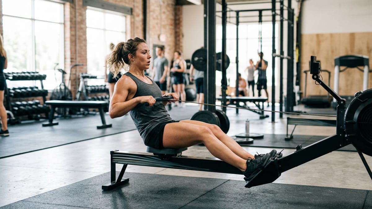 An athlete performing a powerful stroke on an indoor rowing machine in a gym setting.