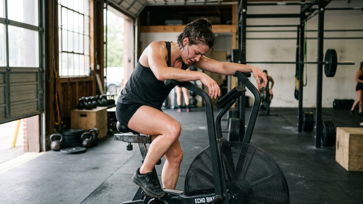 Athlete resting on an exercise bike between intense sprint intervals in a home gym.