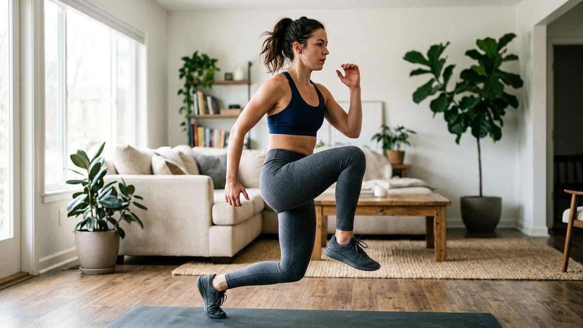 A person doing a reverse lunge to knee drive in a living room.