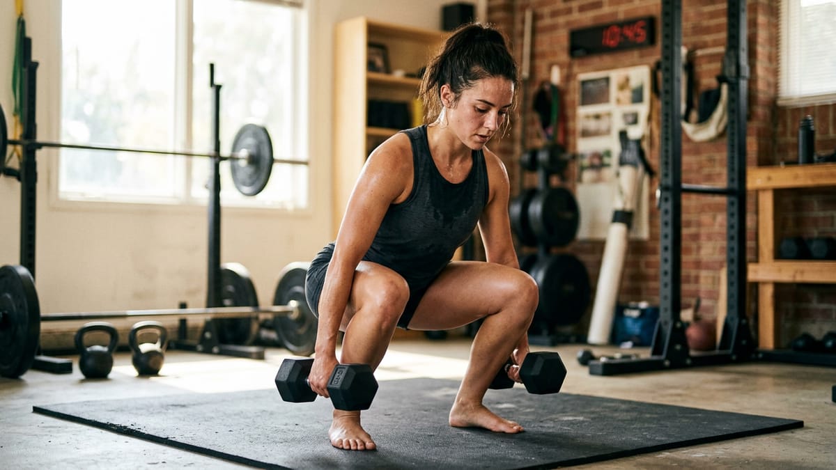 Person doing a dumbbell squat in a home gym setting