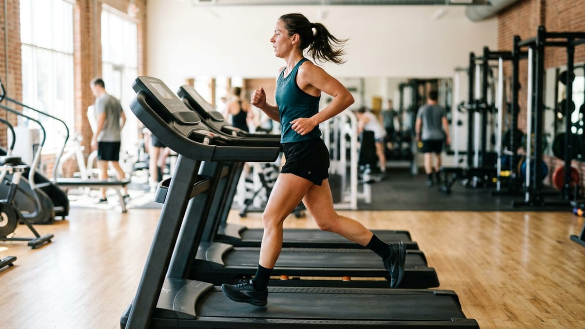 A person running on a gym treadmill during a high-intensity interval workout