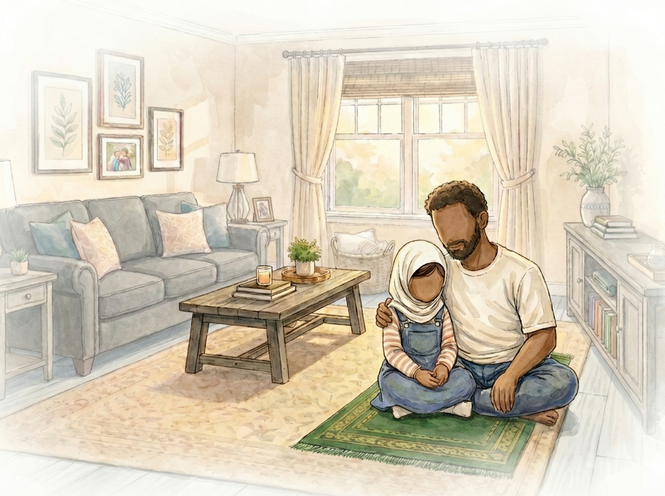 Soft 3D watercolor illustration of a modest Muslim living room in late afternoon golden light. Young girl (around 7–8 years old) in long modest dress and loose hijab sits on a prayer mat, slightly hunched with hands on stomach. Father in simple thobe sits beside her, leaning gently toward her in a comforting posture. No facial features. Warm light entering through window. Calm Ramadan atmosphere.
