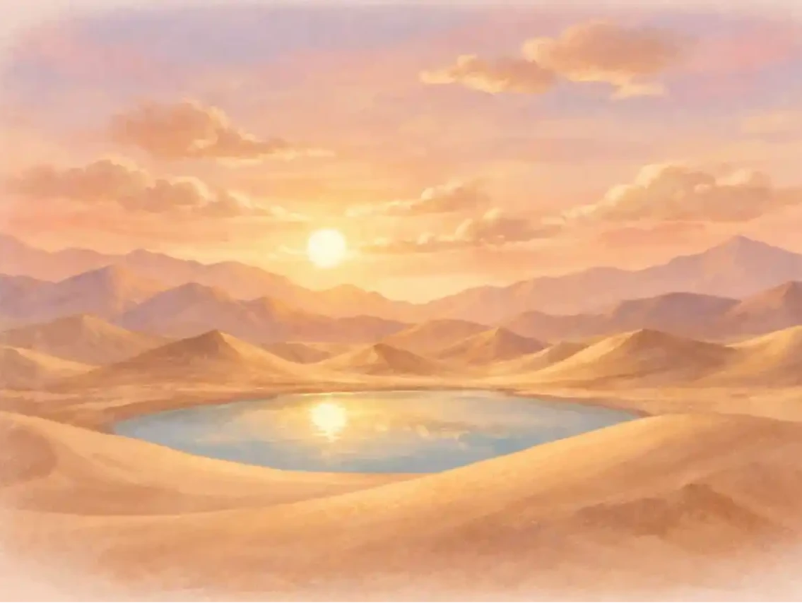 Soft watercolor children’s storybook illustration, warm gentle tones, paper-grain texture, rounded shapes, no harsh outlines.

Scene: Early Makkah landscape at sunrise. Simple desert hills and a few small clay houses in the distance. In the foreground, two respectful faceless figures walking calmly together along a sandy path (representing companionship). Their clothing is simple early Arabian robes in muted beige and brown. The sky glows softly with warm light, symbolizing truth and clarity.

Mood: peaceful friendship, quiet dignity, child-friendly and reverent.
