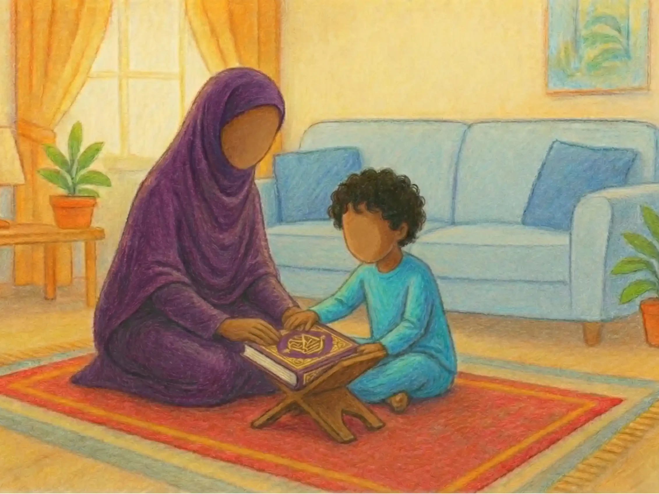 A cozy living room with a lightest-blue sofa, mustard curtains glowing with warm daylight, a terracotta-and-gold patterned rug, indoor plants, and simple framed leaf artwork on a cream wall. On the rug, a small Somali girl in a simple teal dress sits facing her mother. The mother wears a full plum jilbab, modest and flowing. A closed Qur’an rests on a wooden reḥl between them, angled so no text is visible. The mother gently rests a hand near the Qur’an or on the girl’s hand in a guiding gesture. The girl holds the Qur’an a little closer with a curious, hopeful posture. Both characters are faceless silhouettes in a pastel marker + colored pencil hybrid style. Warm–cool color contrast, soft textures, and a calm, curiosity-filled atmosphere.