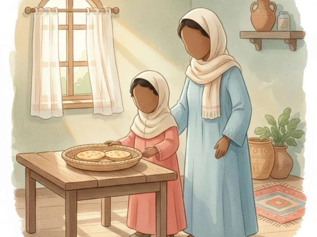 Inside a cozy, sunlit home with morning light streaming through a small window, little Khadeejah (around 4 years old) sits beside a low wooden table. She wears a modest light-colored home dress, hair in a short braid, no head covering. Her mother, in a soft pastel home abaya with a loose scarf draped over her shoulders (not covering head), stands beside her, smiling gently. A woven basket with only a few pieces of flatbread sits on the table.
The room shows simple home warmth — clay water jug, folded mat, curtains fluttering slightly.