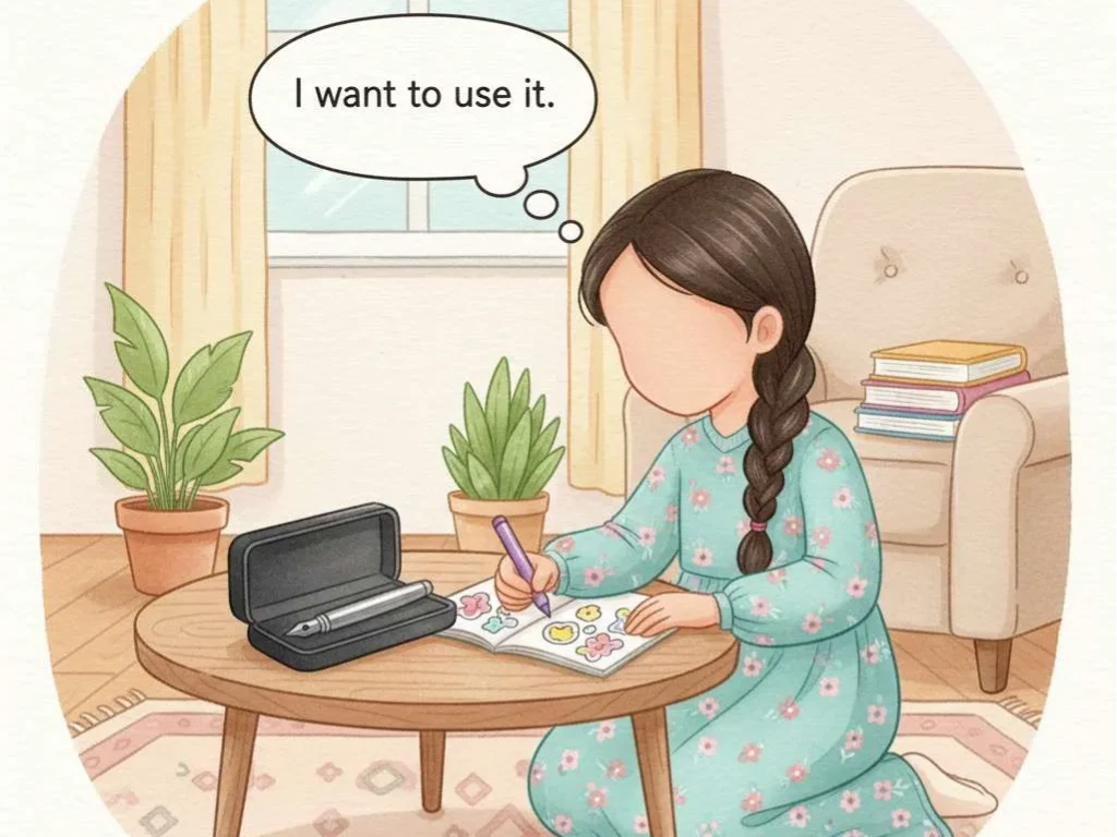 A warm, cozy living room with a simple carpet and a low wooden table. A little Muslim girl named Sara (about 5 years old) sits cross-legged on the carpet. She wears a modest long-sleeved dress in pastel tones and a small headscarf that covers her hair. In front of her lies a big open coloring book with crayons scattered around. On the low table beside her rests a shiny metallic pen that looks special and tempting. The background is soft and uncluttered—perhaps a curtain and a bookshelf in the distance. The illustration style is faceless, with soft pastel colors, rounded shapes, and gentle lighting suitable for 3–5 year olds.