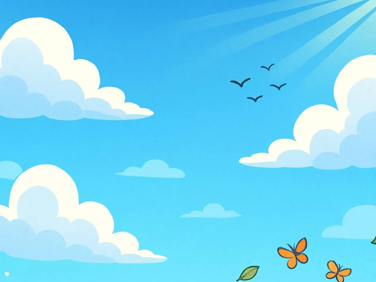 Watercolor illustration of a wide bright blue sky with soft white clouds, warm natural light, no faces, no people, soft children’s book style, Islamic aesthetic, 4:3 ratio