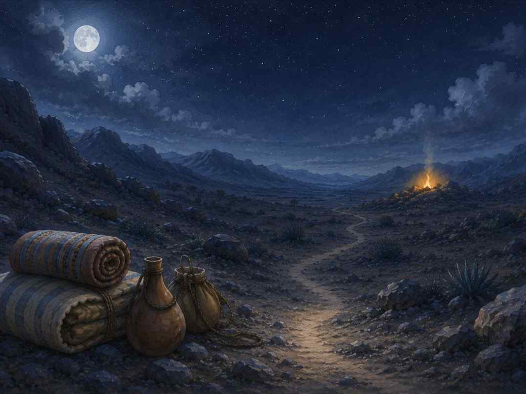 Moonlit mountain path in Madyan with a small distant fire glowing among the hills, peaceful desert night, hand-painted Islamic storybook illustration, landscape 16:9, no people.