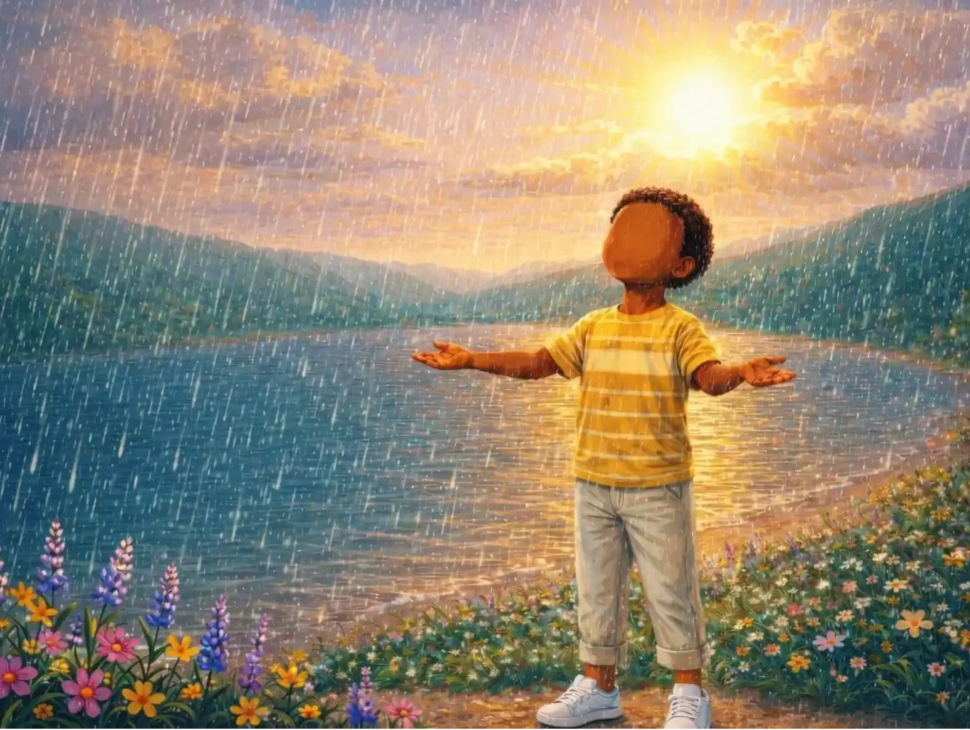 A warm glowing landscape with a large golden sun in a wide open sky, soft gentle rain falling over green fields and blooming flowers, a small pair of child hands open and upturned catching raindrops, light rays breaking softly through clouds, peaceful and luminous atmosphere, watercolour illustration style, no faces or human figures visible, Islamic modest aesthetic, warm gold and soft blue tones