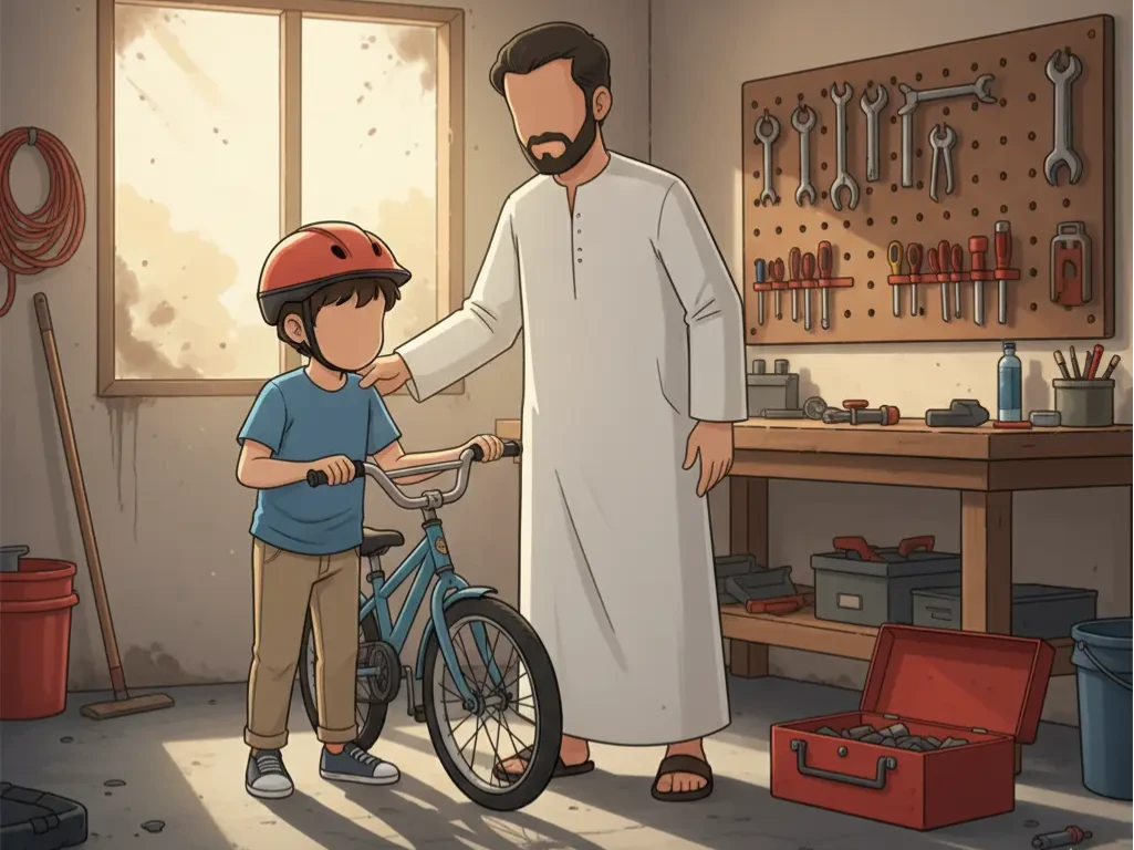 Inside a modest garage. Bilal, a boy about 7 years old, in casual modest clothing with a safety helmet, is holding a bike with a bent wheel. His father, also in modest clothing, stands beside a toolbox and workbench. Both are faceless, with warmth shown through posture. The garage has simple tools on the wall and soft daylight coming in.