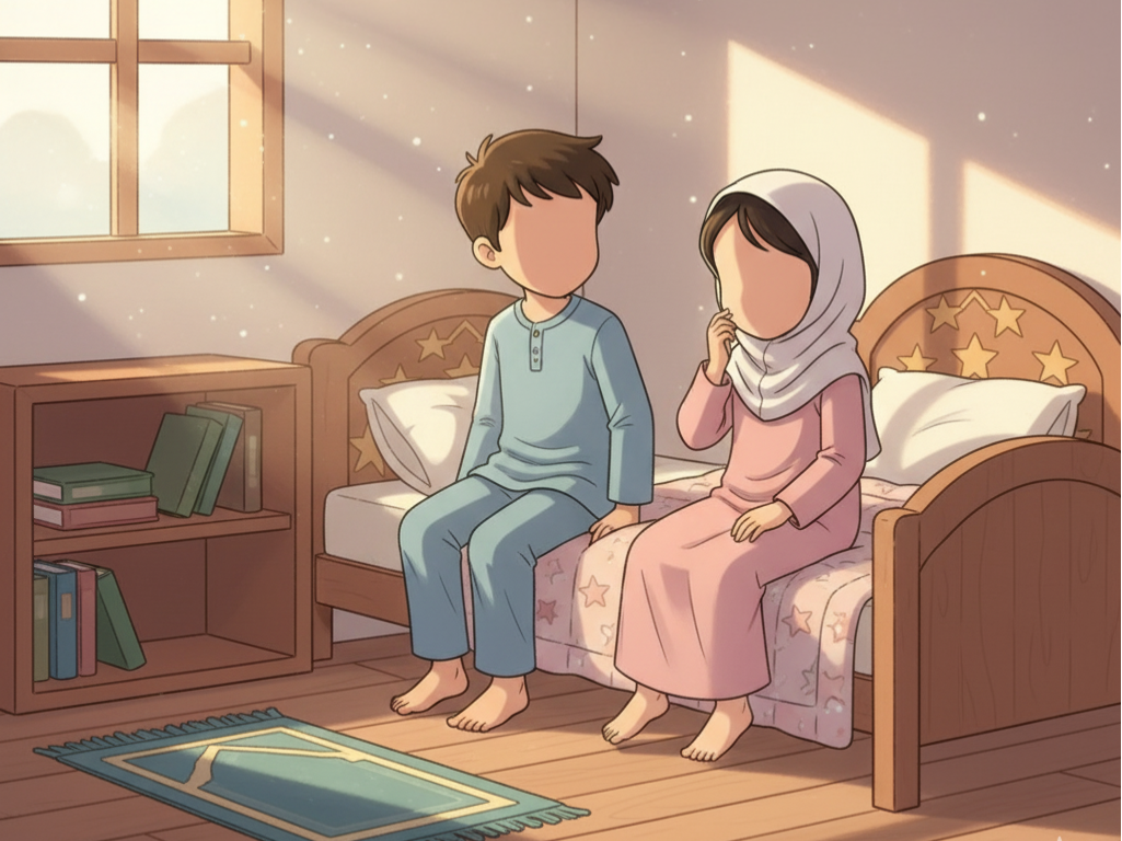 A peaceful morning scene in a simple home. Ayaan, a boy of about 8 years old, and Layla, his younger sister around 6, are getting ready for Jumu‘ah. They wear simple Islamic clothing. A Qur’an is on a table beside them, and the soft light of morning shines through the window. There’s a warm glow in the room, reflecting the peacefulness of Friday morning.