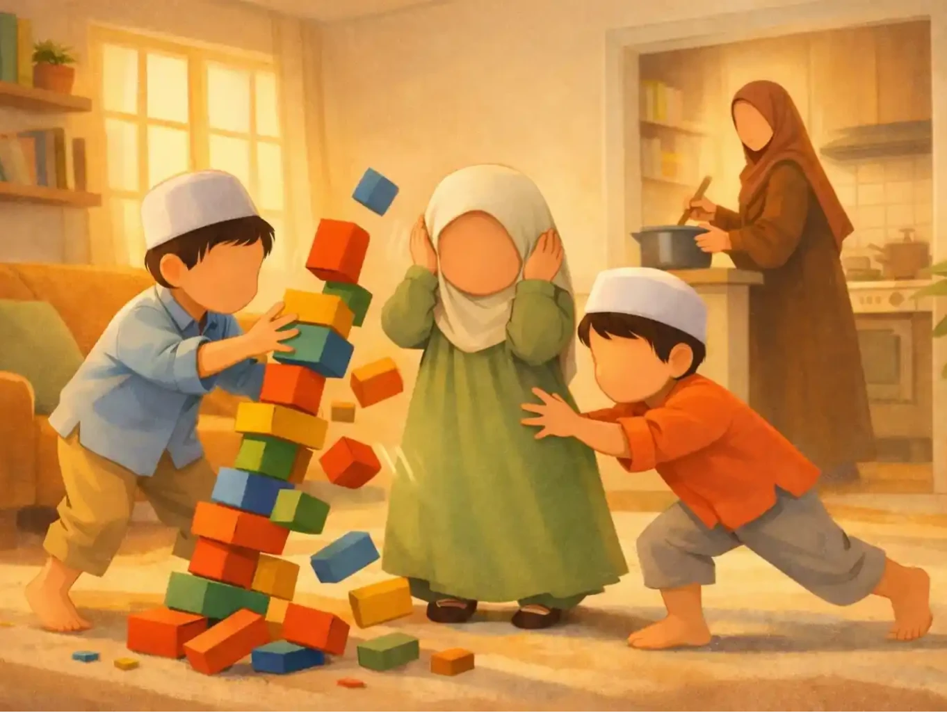 A warm children’s storybook illustration of a lively family living room filled with motion and noise. Two young boys wearing modest clothes and white prayer caps excitedly knock over a tall stack of colorful wooden blocks, sending blocks flying. Between them stands a young girl in a green modest dress and light-colored hijab, covering her ears in overwhelm. In the background, their mother wearing a brown dress and matching hijab calmly cooks at the kitchen counter. Sunlight fills the room, shelves with books and plants line the walls, and toys scatter across the floor. Faceless characters, Islamic family home, energetic contrast, soft painterly digital art style, warm tones, storybook realism.