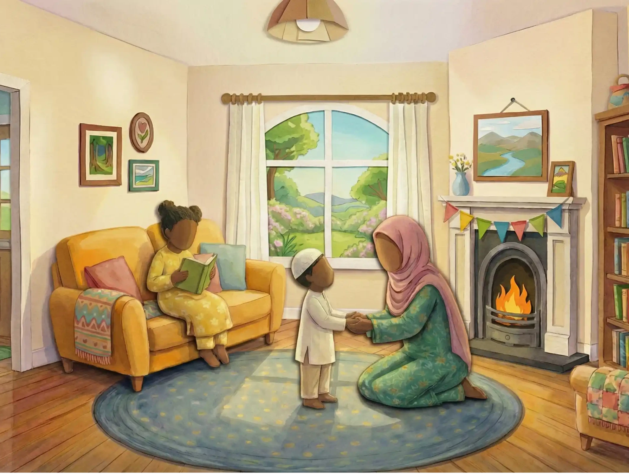 A warm, cozy living room at sunset.
A young boy (Hāni, about 4–5 years old, faceless) sits on the floor looking toward an older sister seated near a low table set for ifṭār.
Mama kneels beside Hāni at his eye level in a gentle, caring posture.
Soft golden evening light, calm Ramadan atmosphere, no facial features, modest clothing, child-friendly proportions.