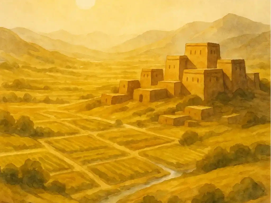 A vast, organized valley showing the grandeur of a powerful civilization.
Wide terraced fields stretch across the land in symmetrical order, lined with irrigation channels.
Large, well-built stone dwellings rise firmly on higher ground, showing skill and pride.
The sunlight is bright and bold, almost overpowering — the land glows golden, while the sky in the distance fades into pale haze, hinting that they have forgotten the One who blessed them.
No people or idols shown.
(Mood: wealth, strength, and pride — strong contrast, commanding scale, warm gold with fading horizon, watercolor or gouache landscape style.)