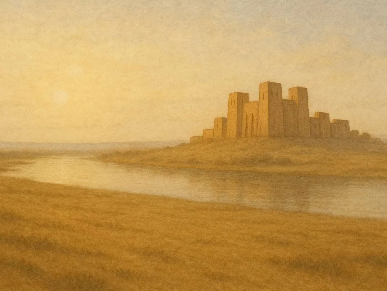 Soft desert cityscape of ancient Babylon: tall sandstone towers, arched gateways, and carved pillars. A grand palace rises in the distance with banners fluttering. Warm morning light and long shadows suggest early day. Atmosphere of pride and grandeur.