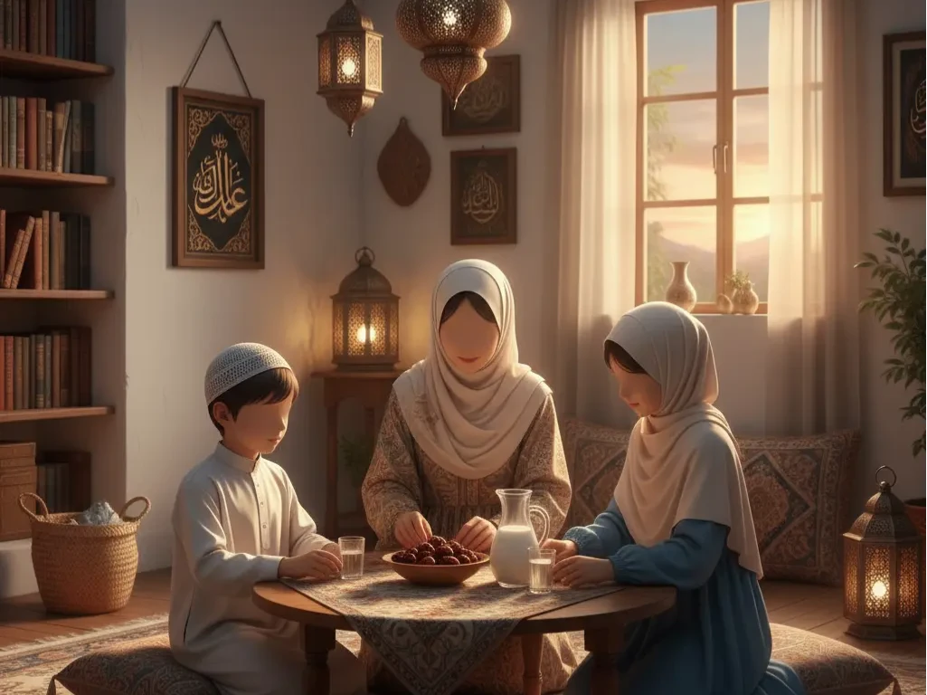 “Interior of a modest Muslim home at sunset. Two children in Islamic clothing (thobe for boy, long dress with hijab for girl) helping their mother set dates and milk on a table for ifṭār. Warm lantern light fills the room. No faces, featureless or softly abstract.”