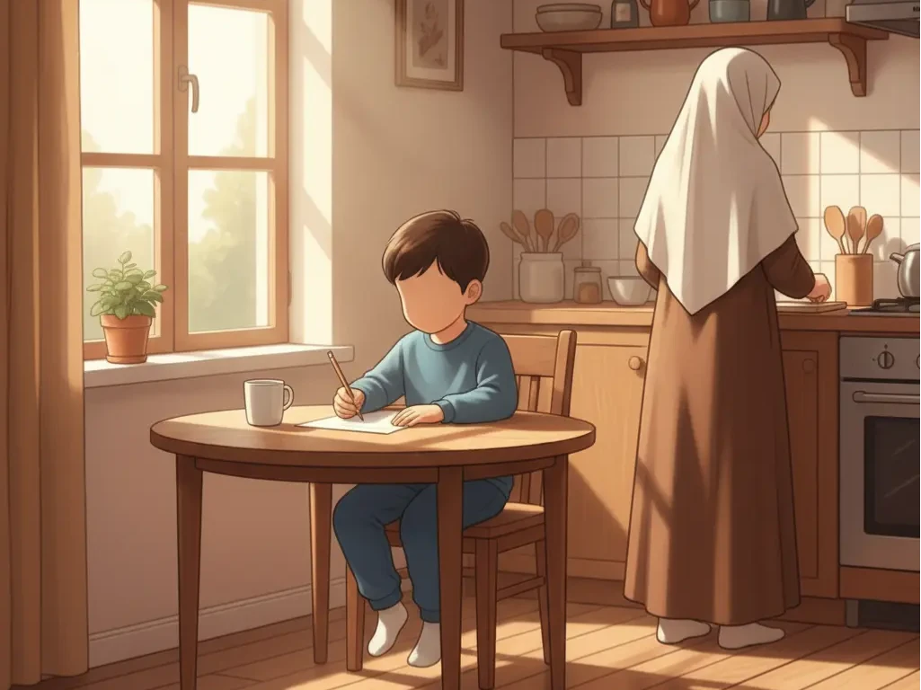 Inside a bright, cozy kitchen. Hamza, a young boy (about 6 years old), is sitting at a wooden table with a piece of paper and pencil in his hand. His mother is nearby, preparing breakfast. Both are faceless and in modest Islamic clothing. The mother’s hair is fully covered with a plain hijab. Sunlight streams through the window, giving the room a warm feeling.