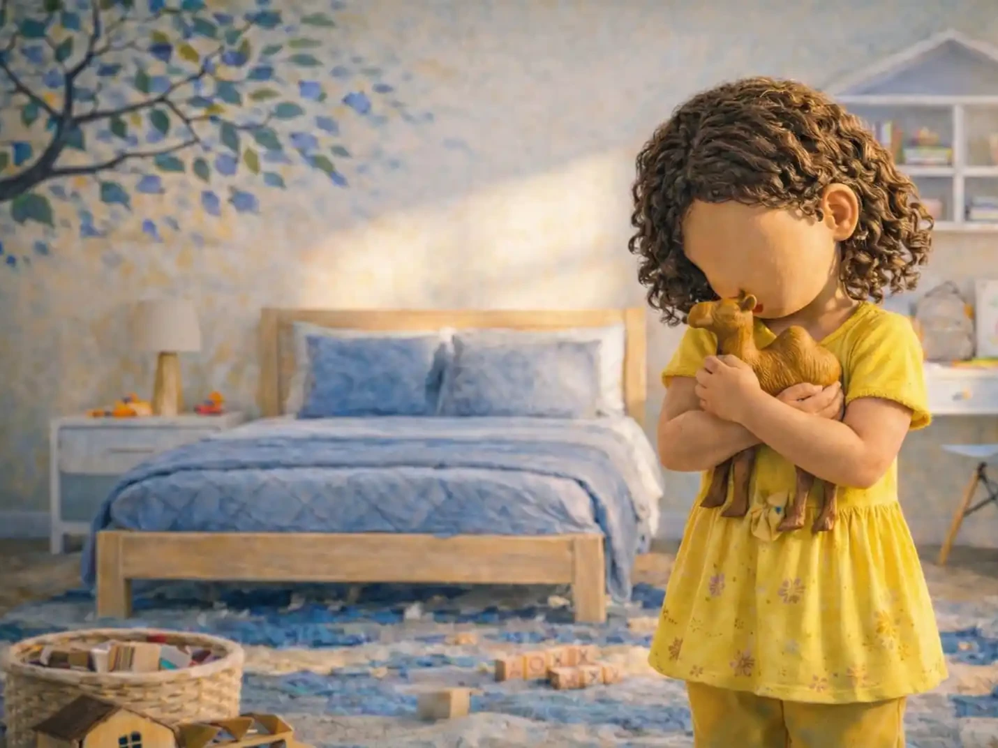 A faceless girl in a yellow outfit hugs a wooden camel in a softly lit bedroom. Featureless face, curly hair, warm natural light, calm storybook mood.