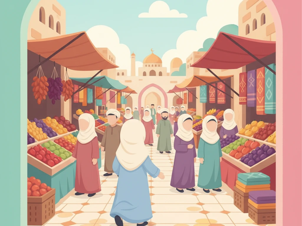 A busy, sunlit marketplace in an ancient city resembling Madinah, with stalls selling fruits and fabrics. People in modest traditional clothing are walking around. Maryam, a young girl with a head covering, is walking cheerfully through the market, seen from behind.
