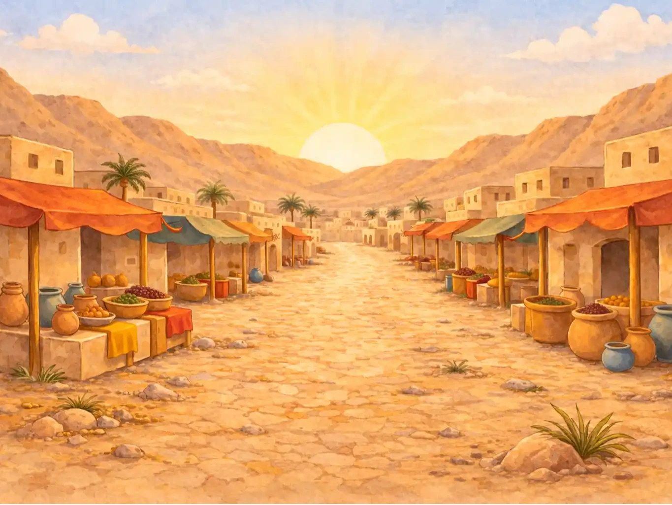 Soft watercolor children's book illustration, warm desert tones, early Makkah houses of stone and clay in the background, simple sandy streets, gentle morning light. A faceless young man representing Muhammad ﷺ standing respectfully among townspeople who are speaking kindly with him. No facial features visible, modest early Arabian clothing, calm atmosphere, storybook watercolor texture, rounded shapes, child-friendly composition.
