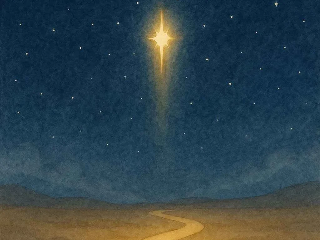 A peaceful starry night sky with one bright golden light shining down on a smooth, winding sandy path through a quiet desert. The golden path glows warmly, symbolizing truth and guidance. Around the edges of the desert, show faint gray clouds or soft shadows fading away into the ground — representing falsehood disappearing. Keep the focus simple: the glowing path under the light feels alive and safe, while the surroundings look empty and fading. Style: children’s Islamic storybook, clean watercolor illustration.