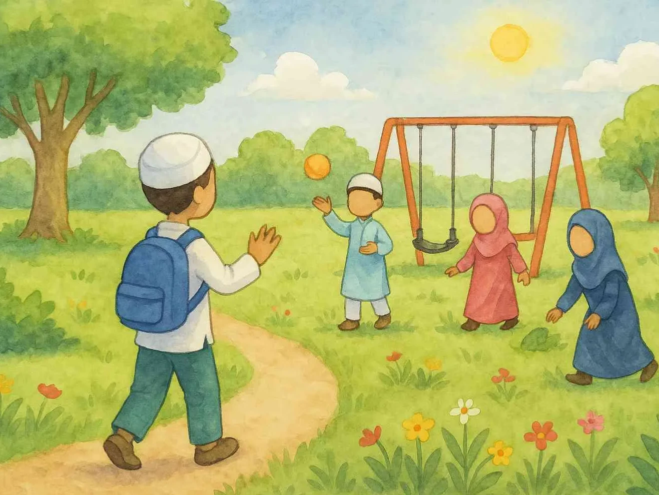 A bright sunny morning with children playing in a park. One child is approaching a group of children with a friendly smile.