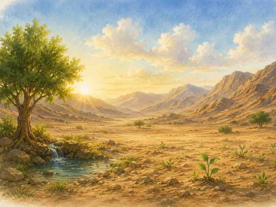 A peaceful, wide scenic landscape of an ancient desert environment during dusk. A soft, glowing light illuminates the evening sky. In the foreground, a simple woven prayer mat is laid out neatly on the smooth desert sand. The background features clean, rolling sand dunes and small distant silhouettes of date palms under a soft digital watercolor sky. High visibility, minimalist composition optimized for small mobile screens.