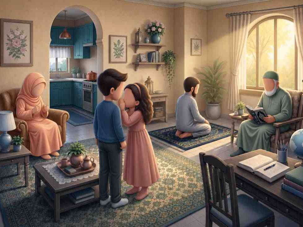 A young boy, Maahir, looks into a quiet living room from a doorway. His family members are silently engaged in worship: Father prays on a mat, Mother makes dhikr with her fingers, and Grandfather reads an open Quran by the window. Children's storybook illustration style.
