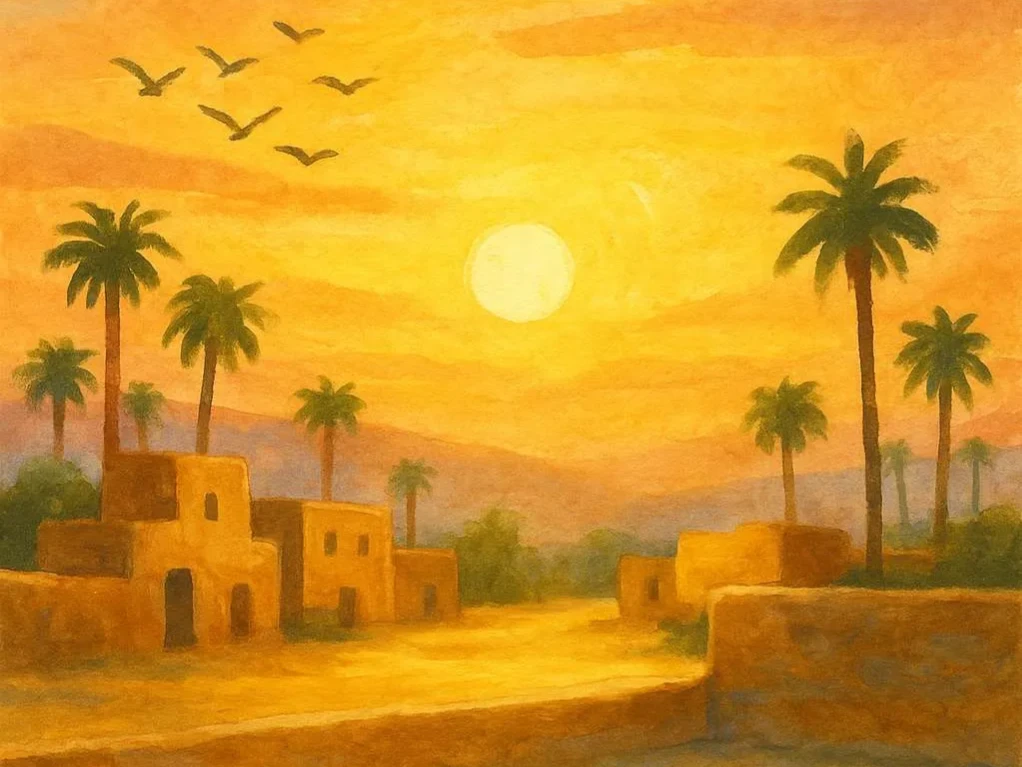 A warm sunrise over an ancient plain painted in soft ochre and golden tones. Clay houses and palm trees rest below a pink-orange sky. In the corner of a courtyard, scattered stone shapes lie partly buried in dust, their edges worn and forgotten. Sunlight spreads across the open ground while birds fly above, painted with loose, dry brushstrokes.