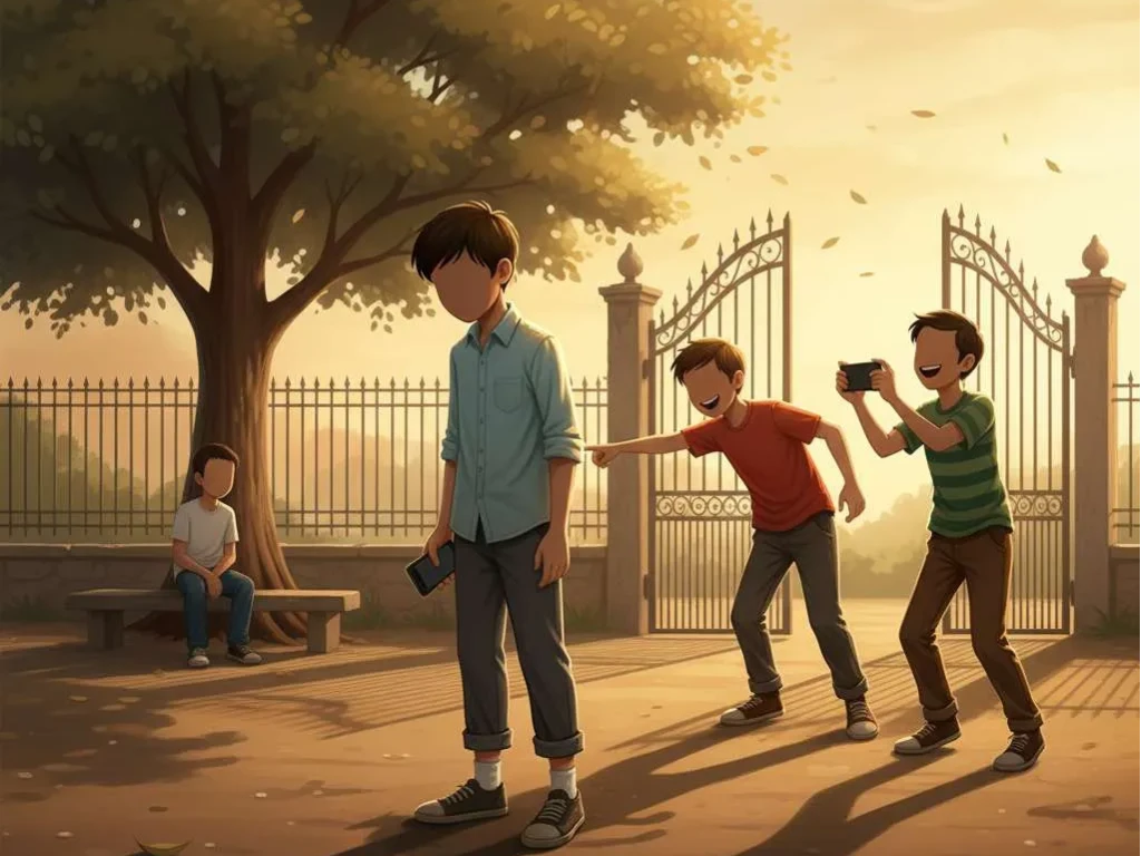 A warm afternoon school courtyard scene. A faceless 8-year-old boy (ʿĀmir) sits on a wooden bench under a leafy tree, holding a phone and looking uncertain. In the background, two faceless classmates laugh loudly while making a video — they point their phones toward a shy boy standing near the wall. School bags, notebooks, and a soccer ball lie around casually. The sunlight is golden, casting long shadows, with gentle wind stirring dust.
