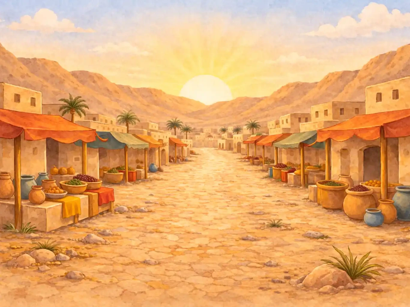 Soft watercolor children's book illustration, warm desert tones, early Makkah houses of stone and clay in the background, simple sandy streets, gentle morning light. A faceless young man representing Muhammad ﷺ standing respectfully among townspeople who are speaking kindly with him. No facial features visible, modest early Arabian clothing, calm atmosphere, storybook watercolor texture, rounded shapes, child-friendly composition.
