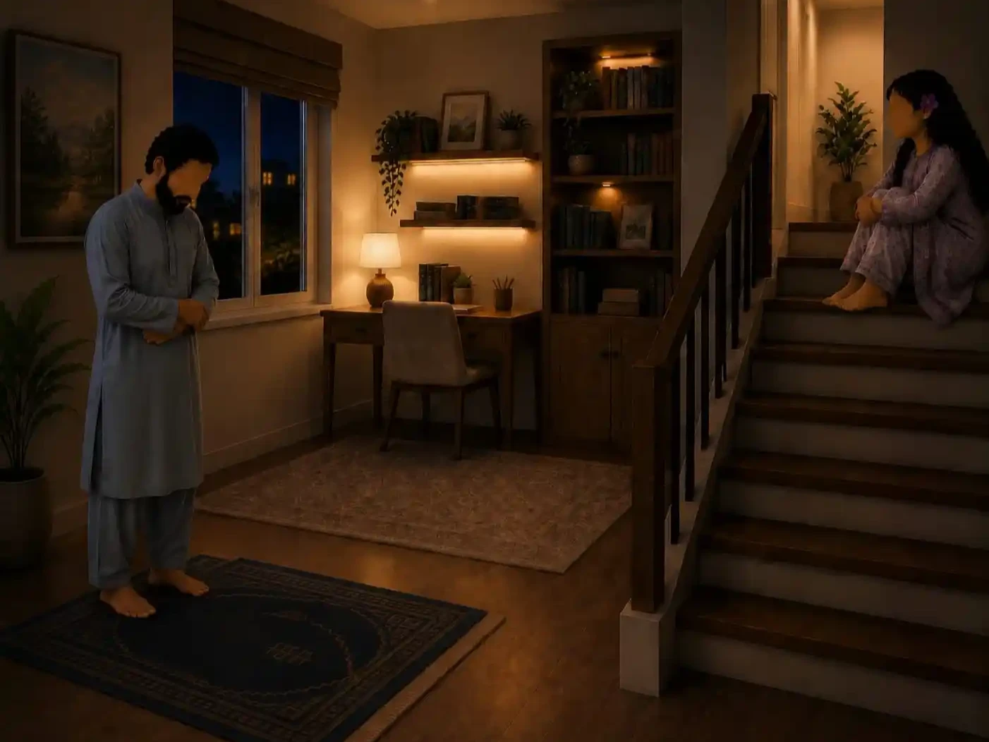 Warm evening inside a modest Muslim family home, soft amber lamp light, peaceful still atmosphere, young Muslim father praying quietly in the distance on a prayer mat with respectful indirect composition, little girl Maryam sitting at the top of a staircase listening silently, knees tucked close, thoughtful curious expression, quiet shadows across the walls, calm emotional mood, cozy realistic home textures, child-perspective composition, watercolor-style Islamic children’s book illustration, painterly detail, reverent atmosphere, no dramatic lighting, no fantasy elements
