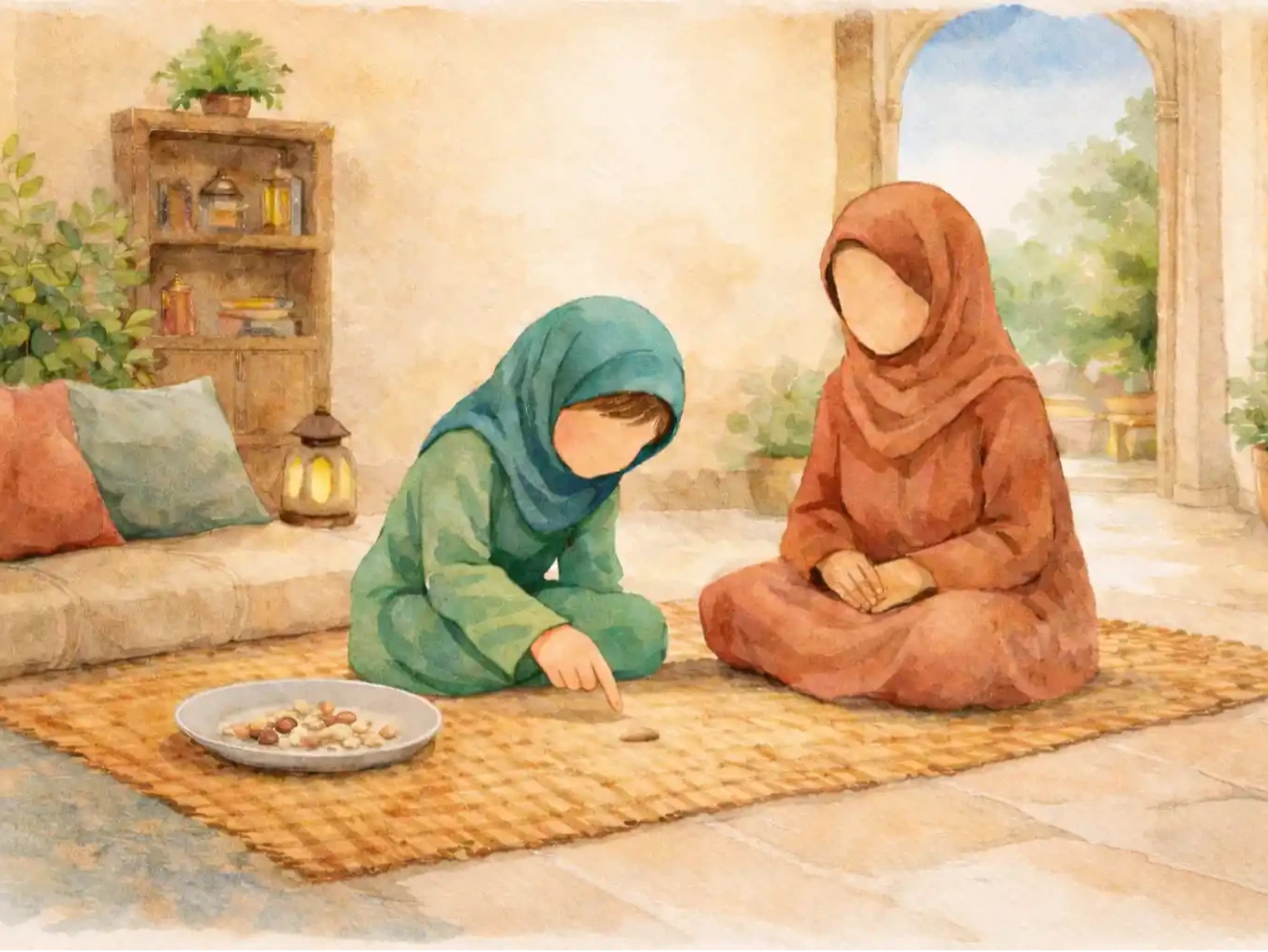Cozy living-room after ifṭār, warm lamp glow. Amina (young Muslim girl, modest dress, no facial details) sits on a simple floor mat beside Ummi (mother in modest clothing). A small date seed clearly visible on the mat near a small plate. Calm, intimate mood; uncluttered background.
