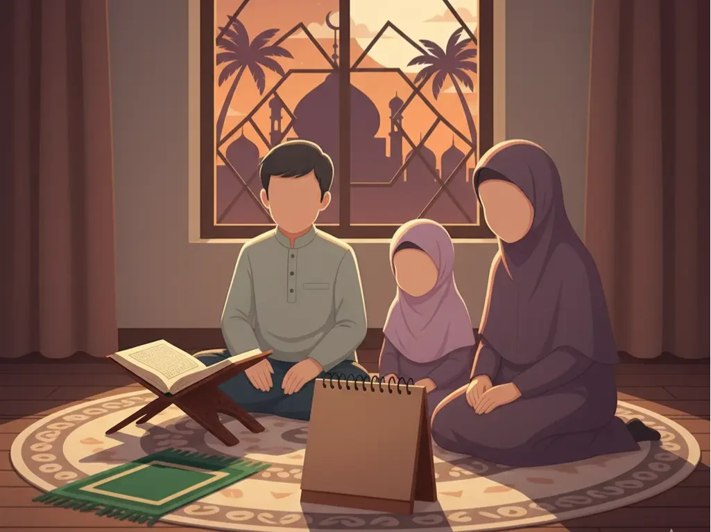 Illustration of a family (faceless, Islamic clothing) sitting around a simple Ramadan calendar marked with the last ten nights. A Qur’an and a prayer mat nearby. Warm evening glow.