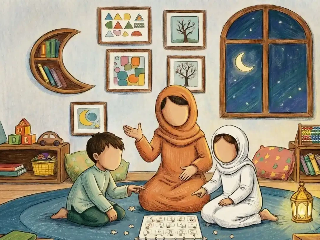 Illustration of a family (faceless, Islamic clothing) sitting around a simple Ramadan calendar marked with the last ten nights. A Qur’an and a prayer mat nearby. Warm evening glow.