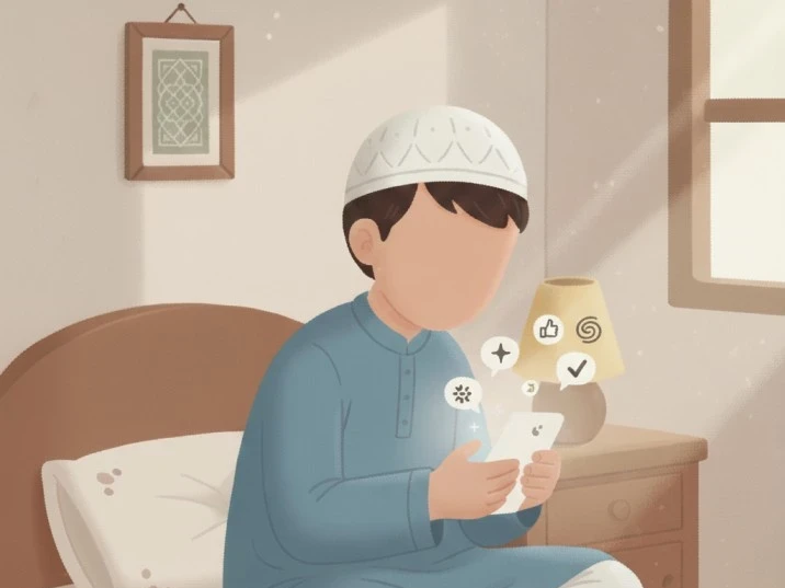 “Close-up of a 10-year-old boy sitting on his bed, holding a phone in his hands. His eyes are focused on the screen with excitement. The room is modest, reflecting an Islamic home setting, with no faces visible.”