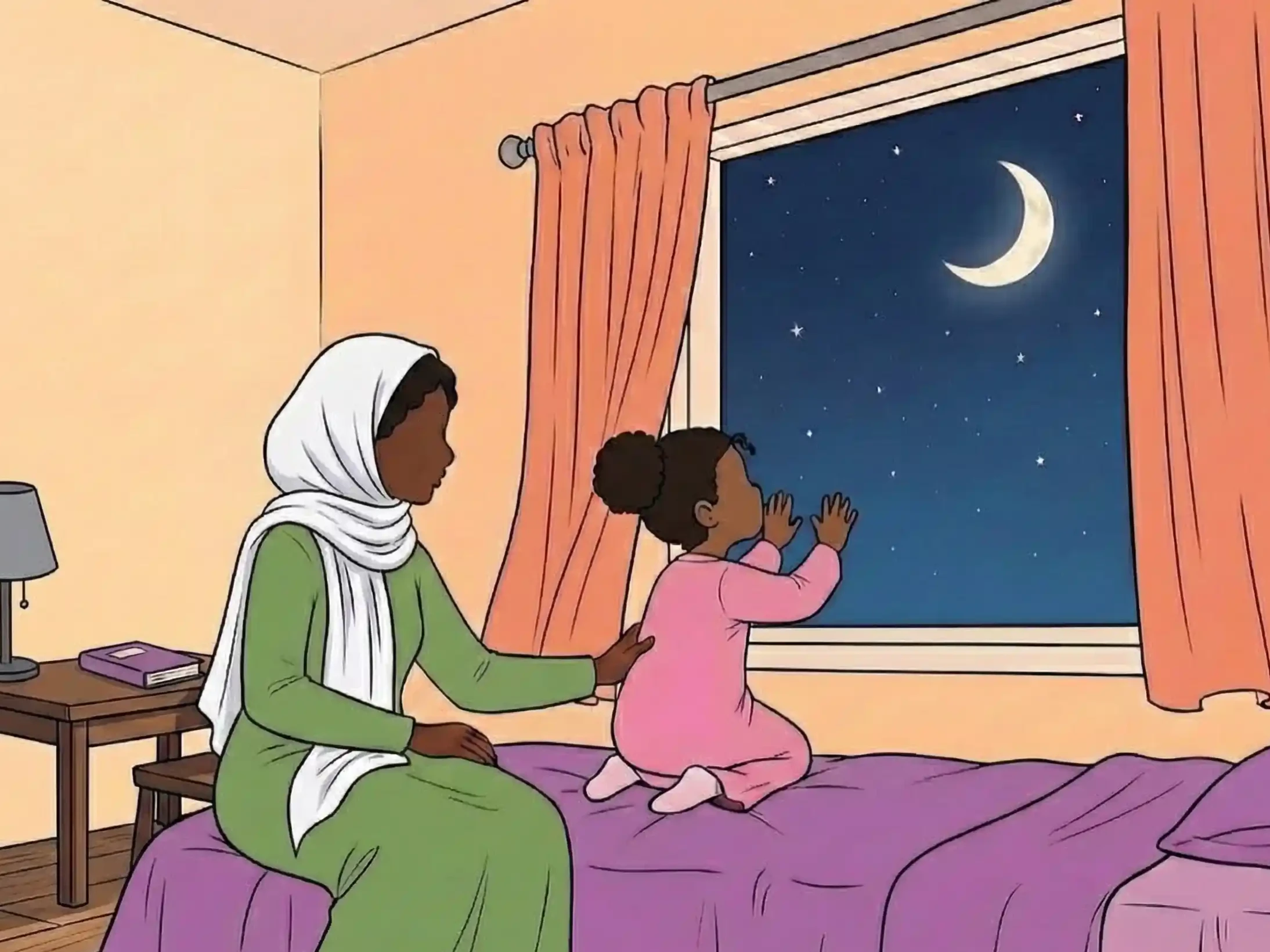 A vibrant horizontal children’s-book illustration in a modern comic style. In a cozy bedroom at night, Aisha (young African-American girl, faceless silhouette, small curly puff) leans forward at the window, both hands on the glass, watching a thin Ramadan crescent moon in a deep blue sky with a few stars. She wears a long pink abaya. Her mother (African-American, faceless silhouette) sits close beside her on the bed, one arm around Aisha’s shoulders, wearing a long green dress and cream scarf. Warm room tones, purple bedspread, peach curtains, small shelf and plant visible. Soft moonlight and warm indoor lighting. No faces, no angels, no supernatural glow.