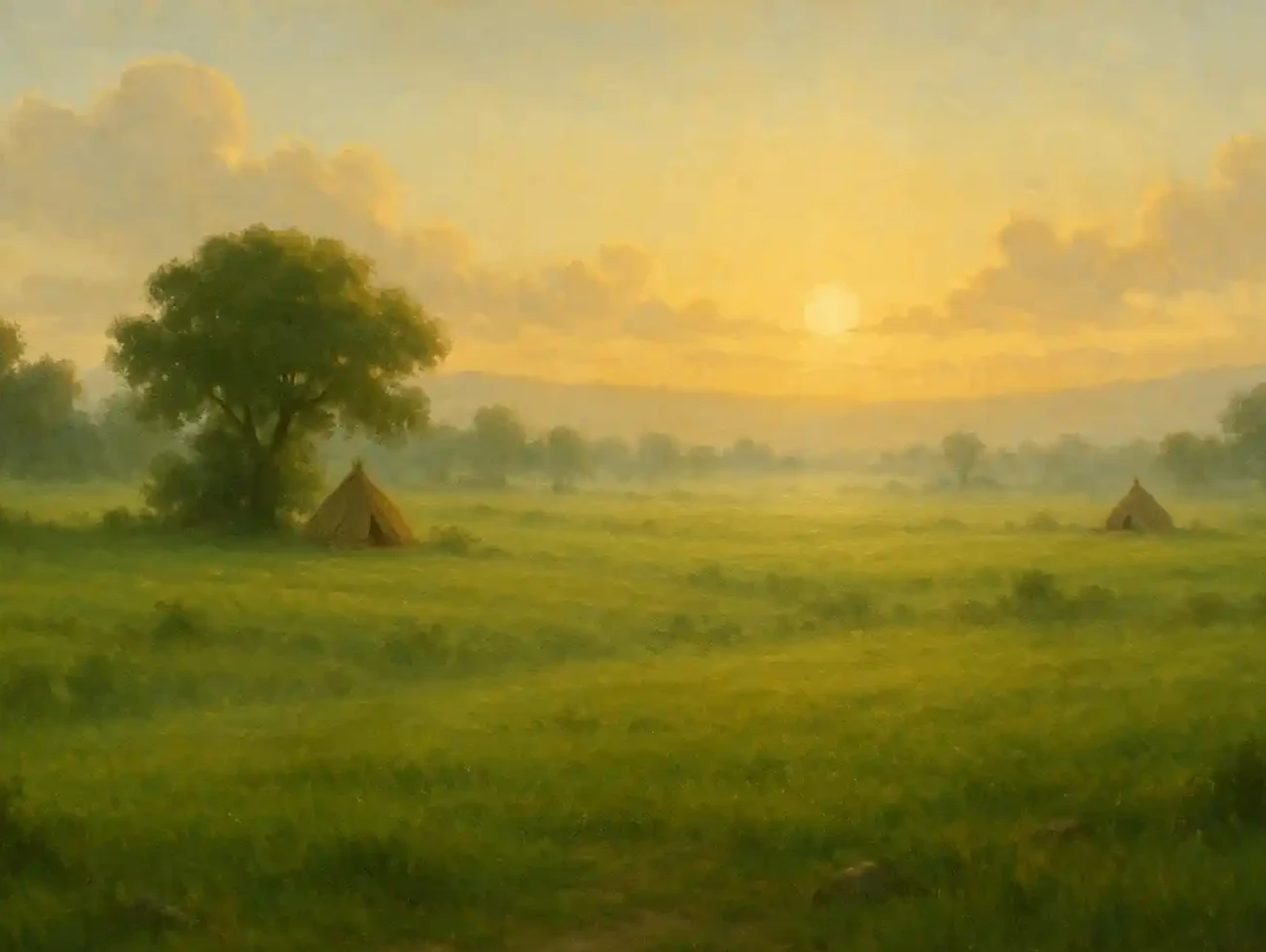 A wide, early-earth landscape painted in soft morning light. Gentle valleys, fresh green earth, and light mist rising. The sky glows pale golden, symbolizing Allah’s blessings upon the first creation. No human forms. Mood: peace, origin, divine mercy.
