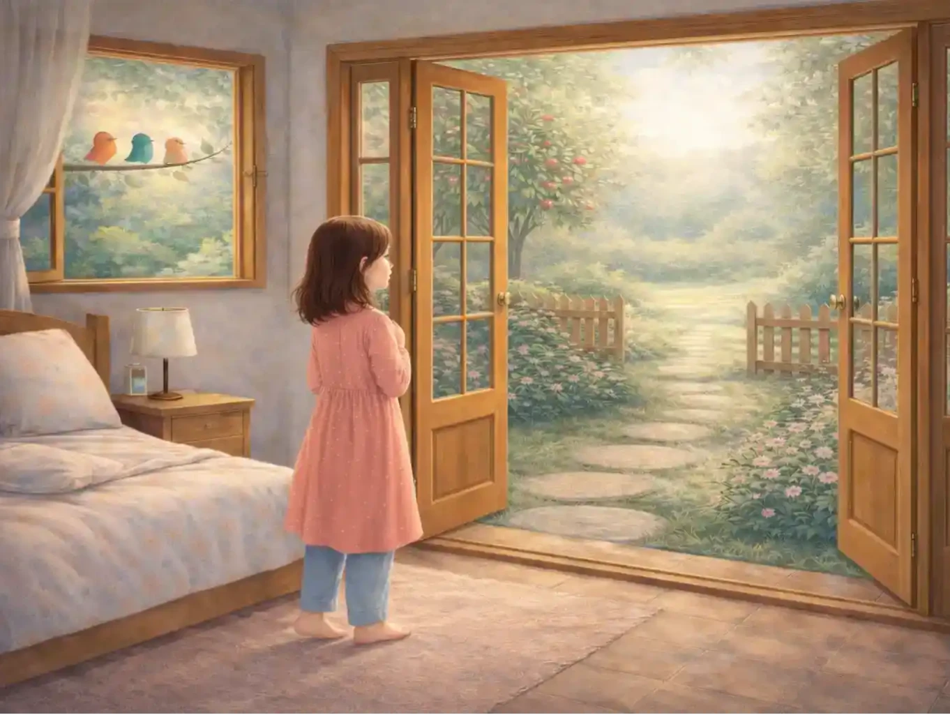 A young girl, Fatima, with her back to the viewer or only showing the silhouette of her head, stands by an open window, looking out into a bright, peaceful garden filled with colorful flowers and green plants. Sunlight streams into the room. No facial features are visible.