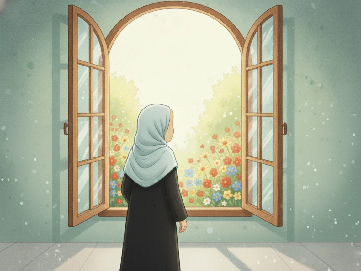 A young girl, Fatima, with her back to the viewer or only showing the silhouette of her head, stands by an open window, looking out into a bright, peaceful garden filled with colorful flowers and green plants. Sunlight streams into the room. No facial features are visible.